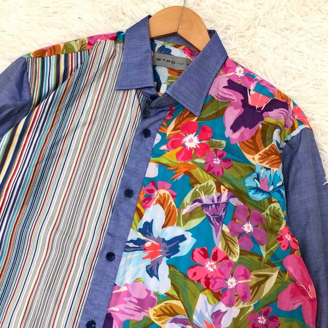 美品◎XL/42サイズ◎ETRO エトロ 花柄シャツ ストライプ 青系 メンズ