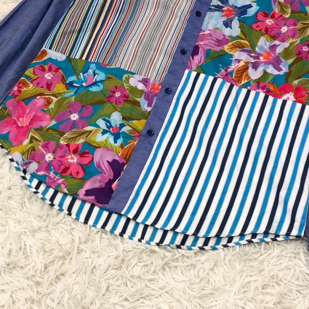 美品◎XL/42サイズ◎ETRO エトロ 花柄シャツ ストライプ 青系 メンズ