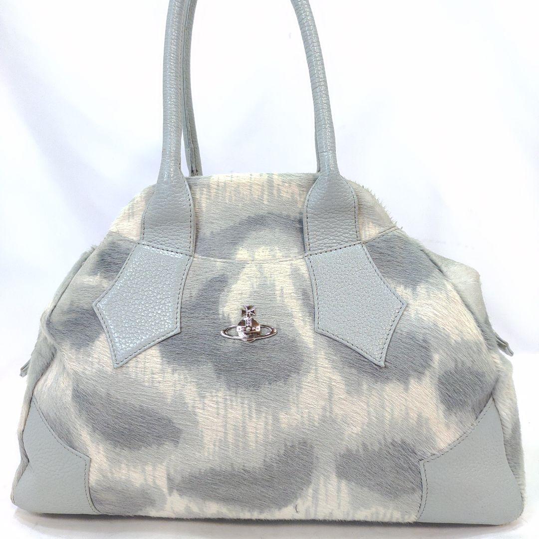 ヴィヴィアン ヤスミン ハンドバッグ レザー×ハラコ 肩掛 水色・グレー系