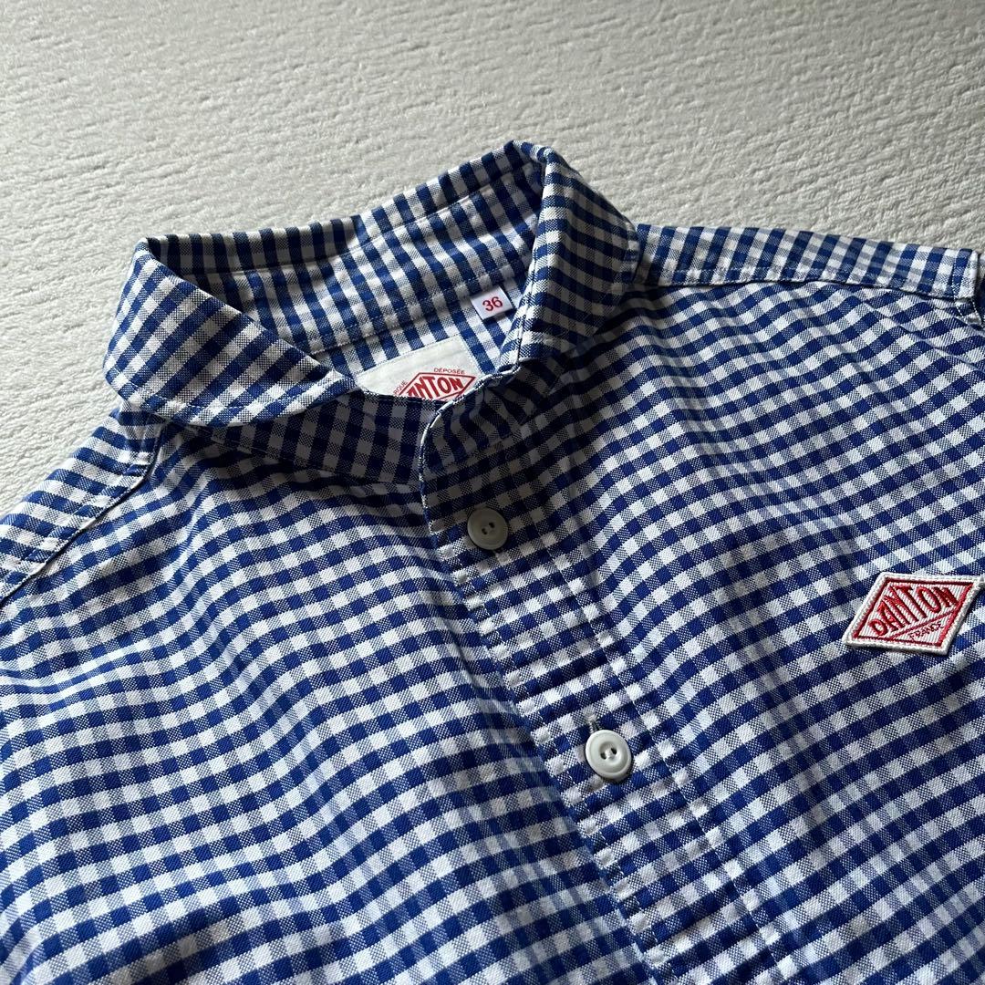 美品 DANTON ギンガムチェック 丸襟 ラウンドカラー シャツ M ブルー