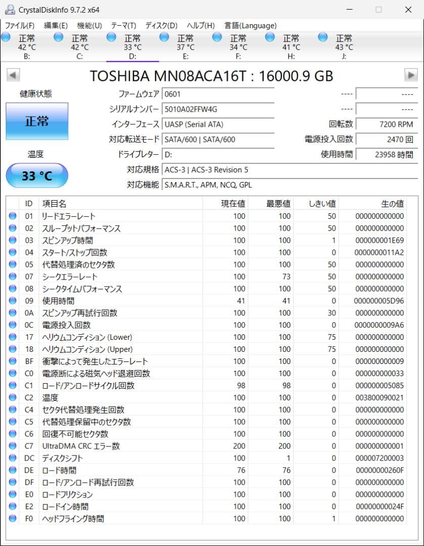 中古 TOSHIBA MN08ACA16T 16TB HDD
