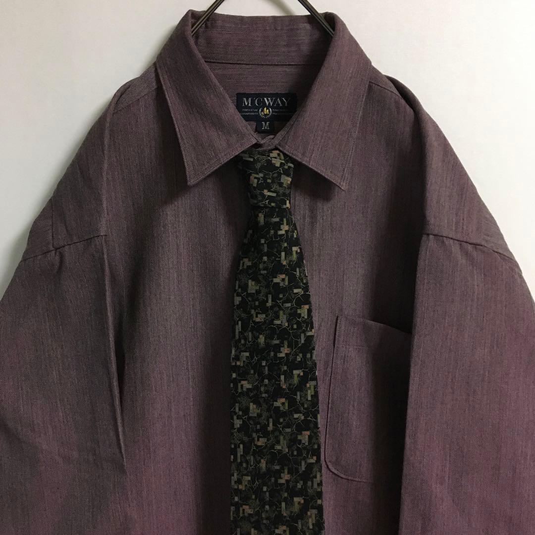ネクタイシャツ 古着 日本製 ウール混くすみポリシャツ 幾何学模様シルクネクタイ
