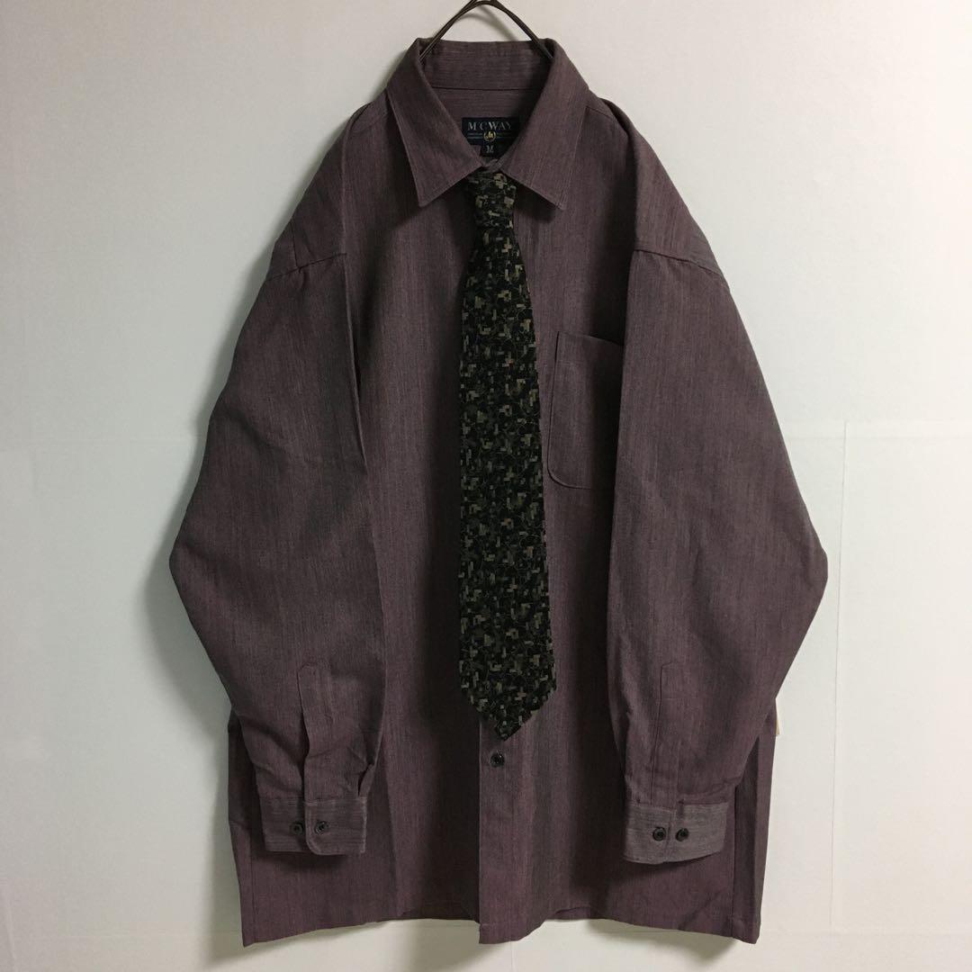 ネクタイシャツ 古着 日本製 ウール混くすみポリシャツ 幾何学模様シルクネクタイ