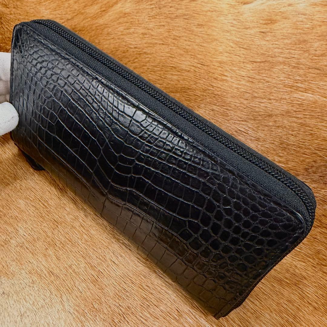 極美品 JRA認定 定12万 最高峰 クロコダイル ポロサス 一枚革 長財布 黒