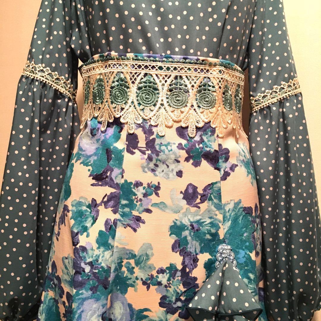 メル17134 フラメンコ 衣装 ファルダ ブラウス 花柄ブルーグリーン