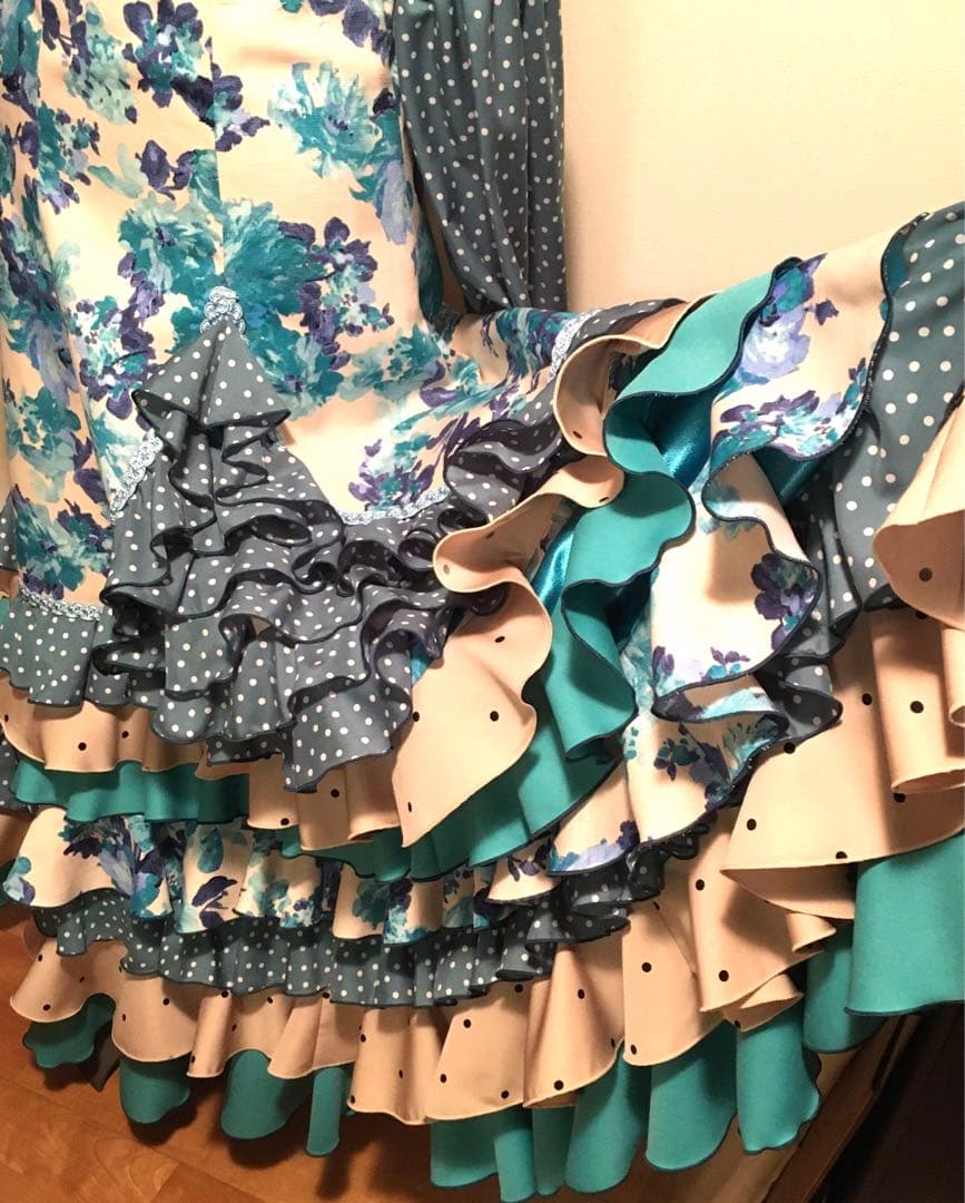 メル17134 フラメンコ 衣装 ファルダ ブラウス 花柄ブルーグリーン