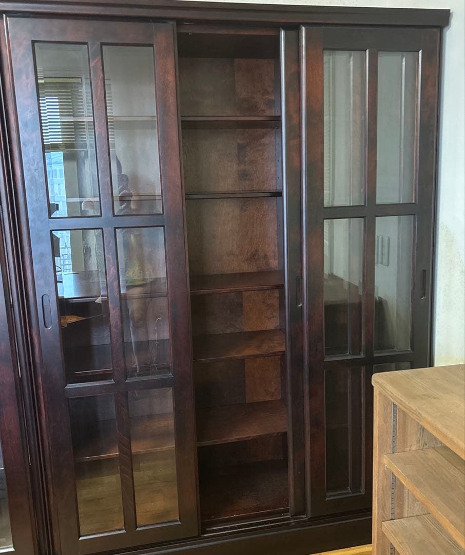 スライド式ガラス扉　本棚　ダークブラウン