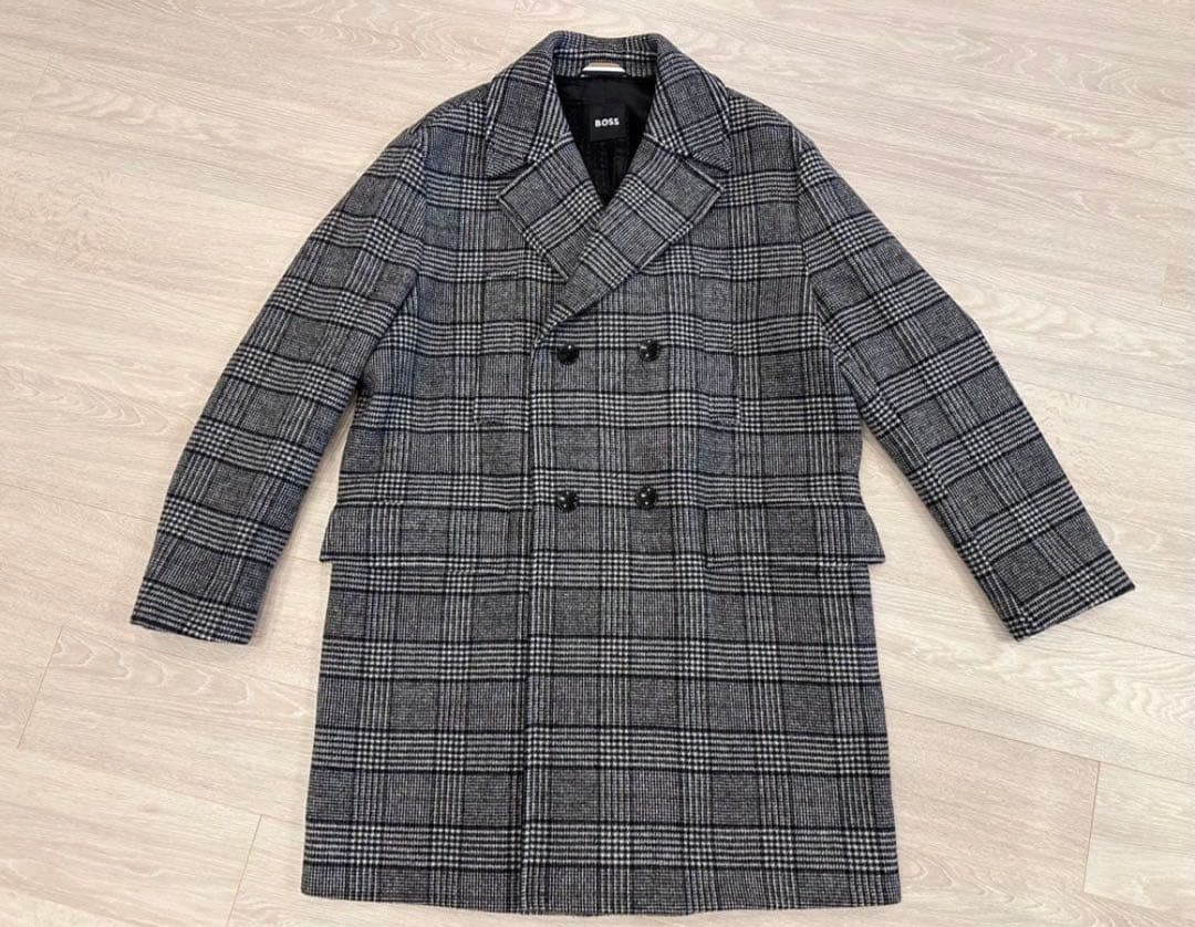BOSS グレンチェック ダブルブレステッド コート　３XL
