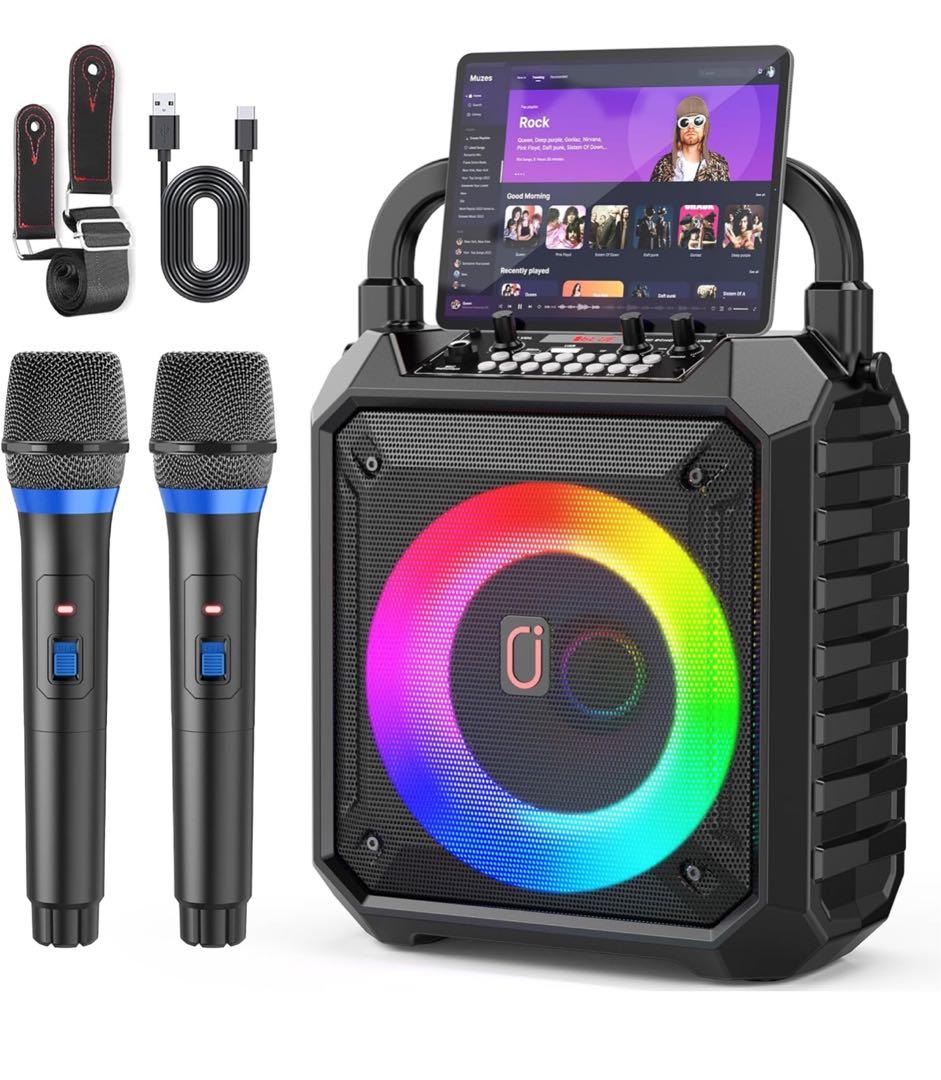 ポータブルスピーカー カラオケ 本体超軽量 ワイヤレスマイク2本付き スピーカー