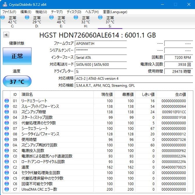 HGST Deskstar NAS 6TB 7200rpm / 高信頼性HDD