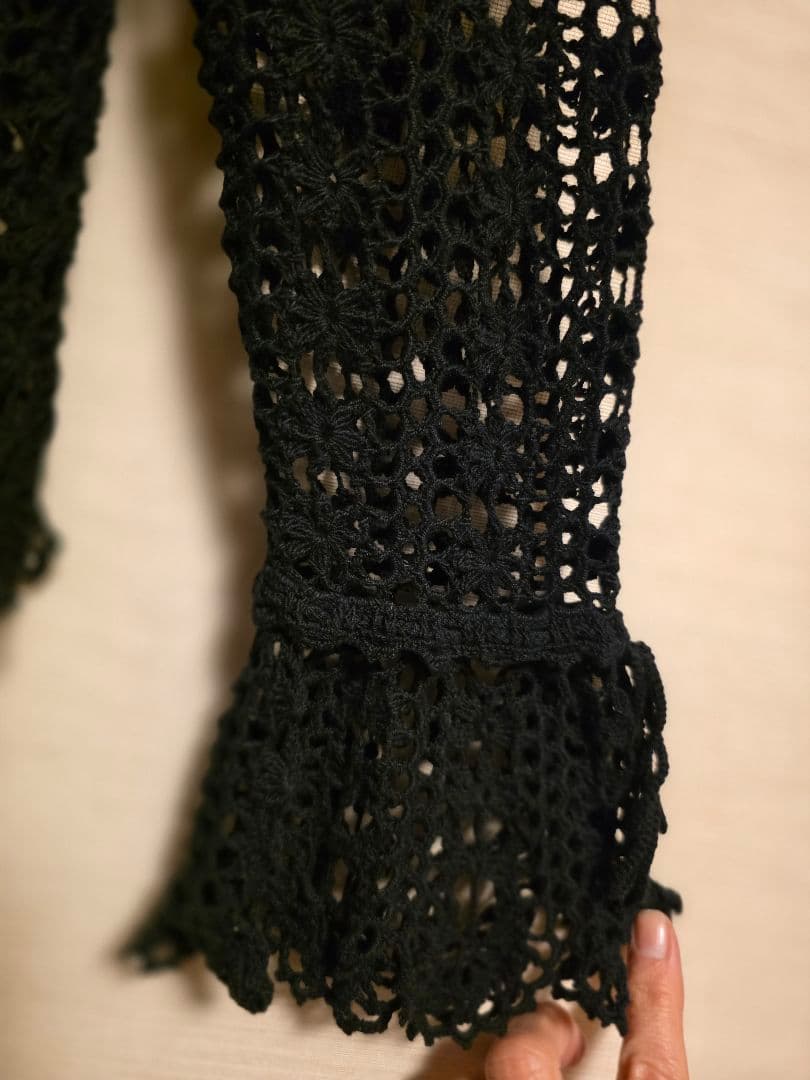 Wonderful World黒 レース編み フリル カーディガン