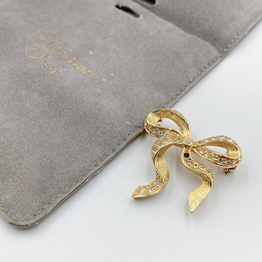 Christian Dior ディオール ブローチ リボンモチーフ ゴールド