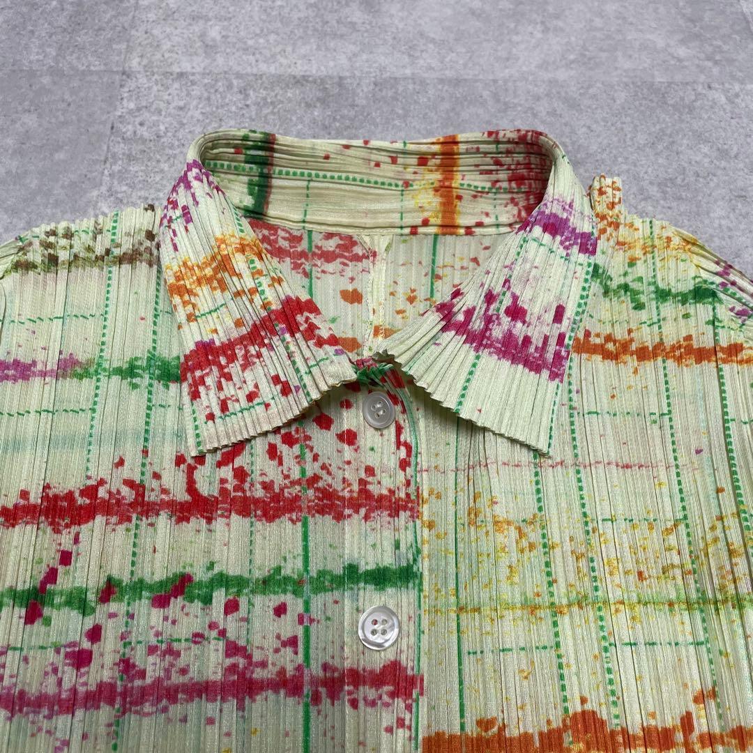 【美品】プリーツプリーズ　総柄　長袖シャツ　ペイント風　3