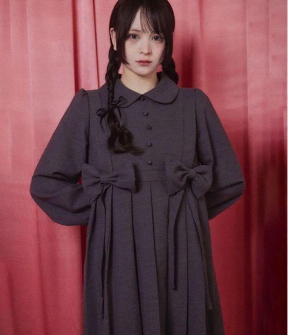 【Fickle Bebe】リボンプリーツワンピース グレー