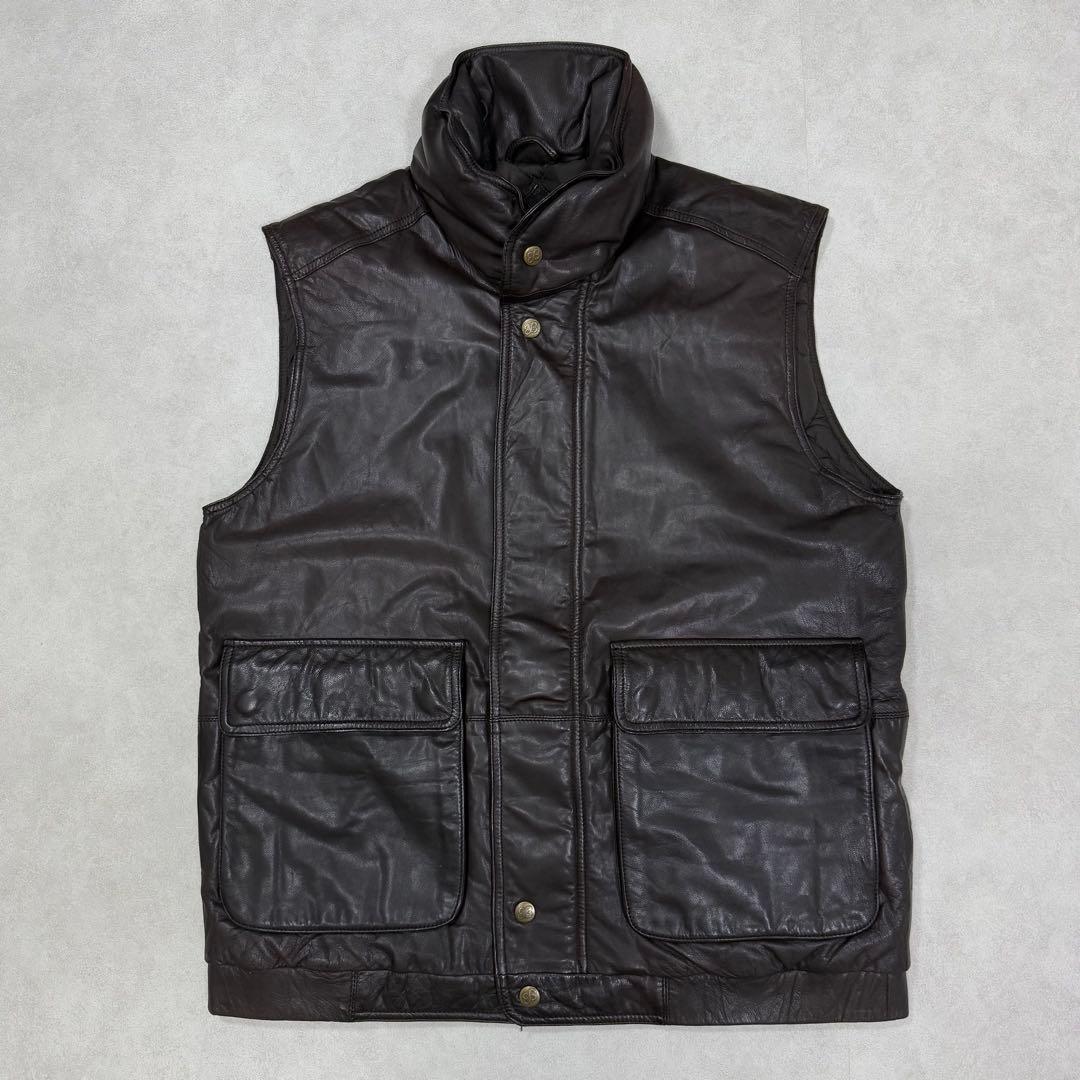 古着 80s 黒タグ エディーバウアー レザー ベスト ジャケット ブラウン茶①