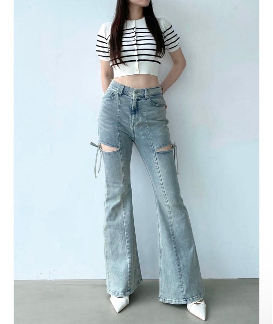 RESEXXY カットアウトリボンデニムパンツ ライトブルー S