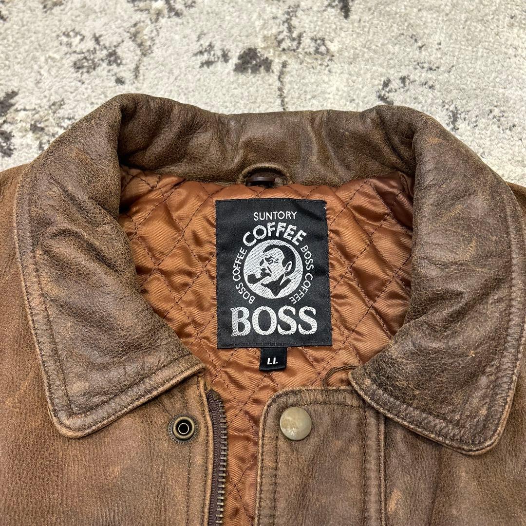 【非売品】初代ボスジャンBOSS本革エンボス加工ロゴ茶sizeLLサントリー