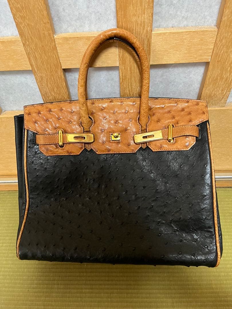 オーストリッチレザー トートバッグ 黒茶　sanpo