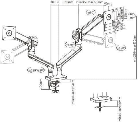 モニターアーム 2画面 デュアル グロスグレー プレミアム アルミニウム