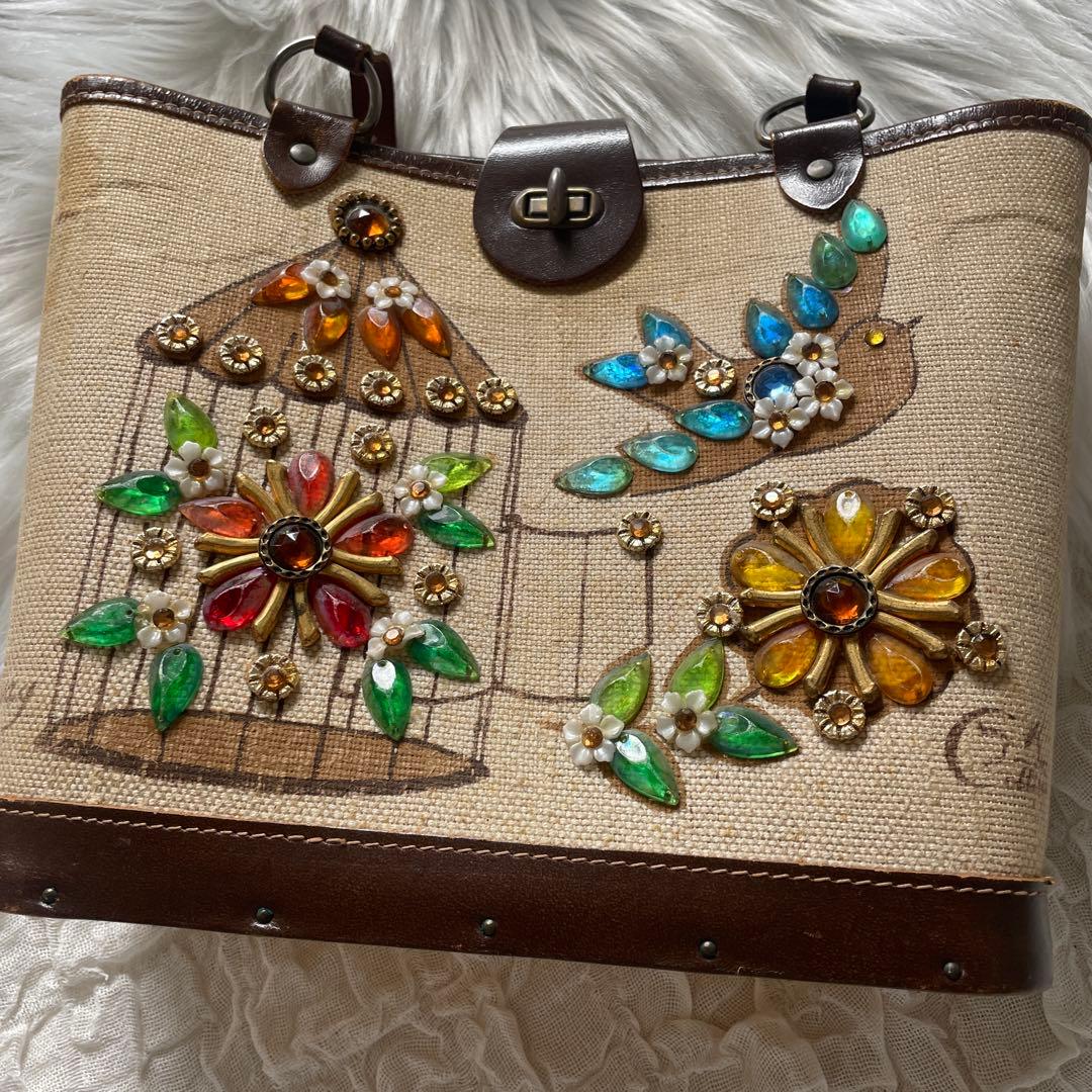 70Sヴィンテージ　Enid Collins/エニッドコリンズバッグ　鳥かご　花