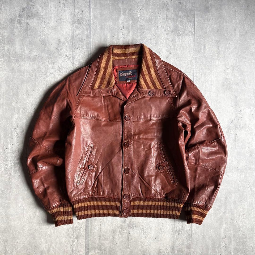 【70s vintage】レザー　ブルゾン　ハイネック　デカ襟　短丈　本革　古着