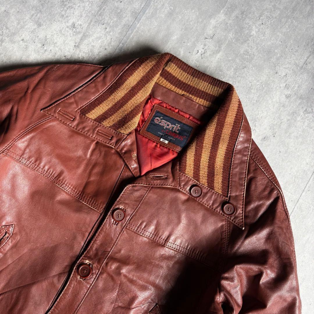 【70s vintage】レザー　ブルゾン　ハイネック　デカ襟　短丈　本革　古着