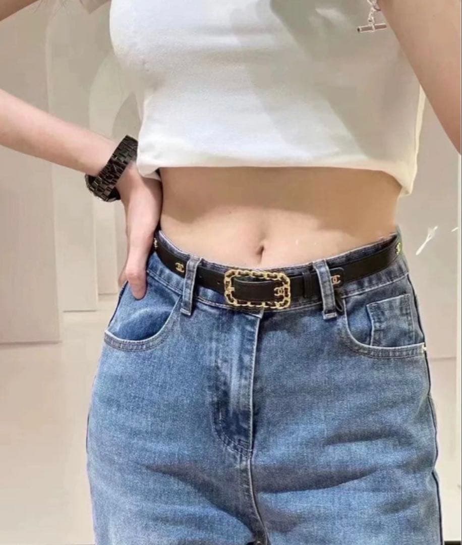 CHANEL 黒 レザー ベルト ゴールド金具