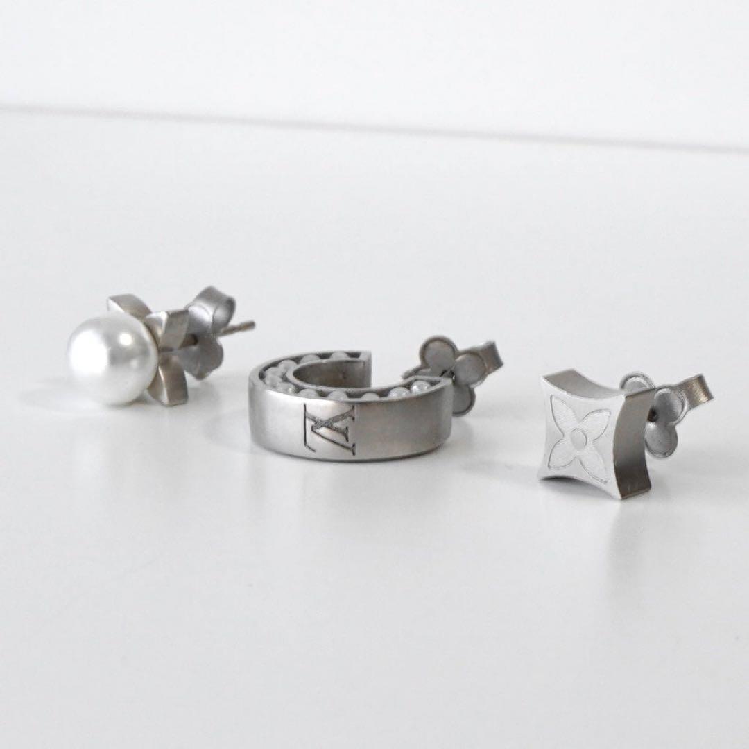 【超美品・希少】ルイヴィトン　メンズ　ピアス　モノグラム　パール　セット３