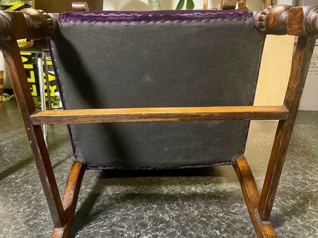 アンティーク チェアー パープル生地 彫刻 英国？ ヴィンテージ 家具 椅子