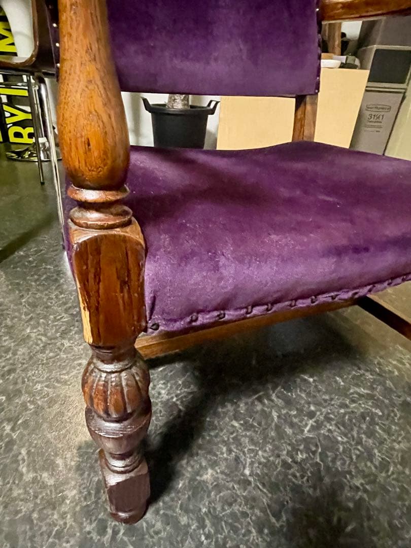 アンティーク チェアー パープル生地 彫刻 英国？ ヴィンテージ 家具 椅子