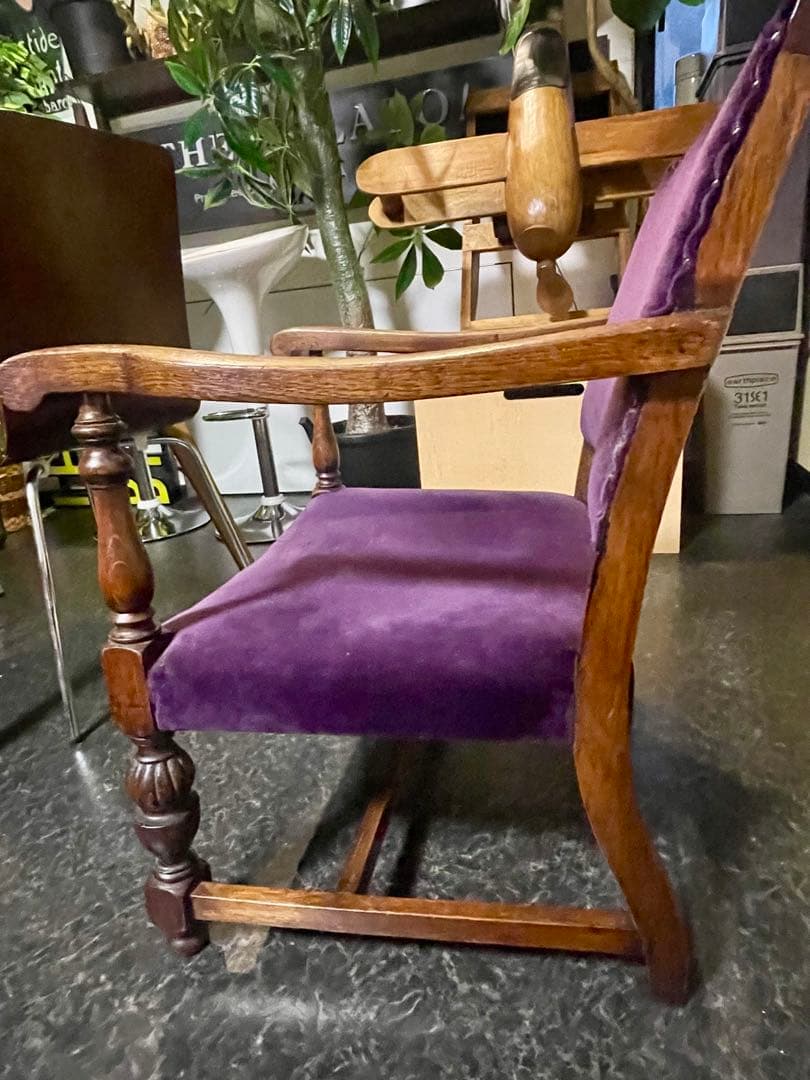 アンティーク チェアー パープル生地 彫刻 英国？ ヴィンテージ 家具 椅子