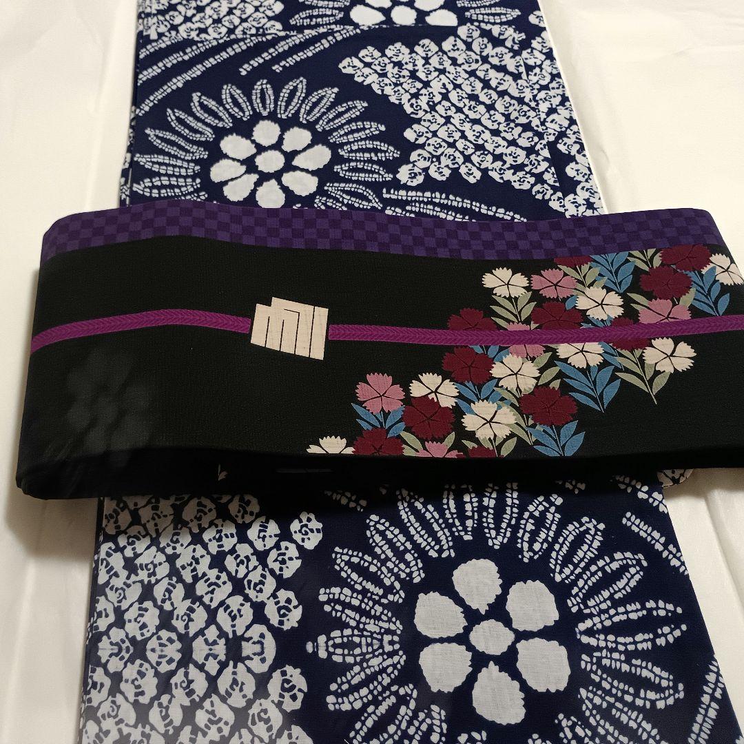 撫松庵　半幅帯 なでしこ柄 ストライプ 黒紫