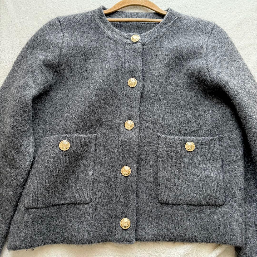 【美品】anuansカシミヤブレンドノーカラージャケット グレー