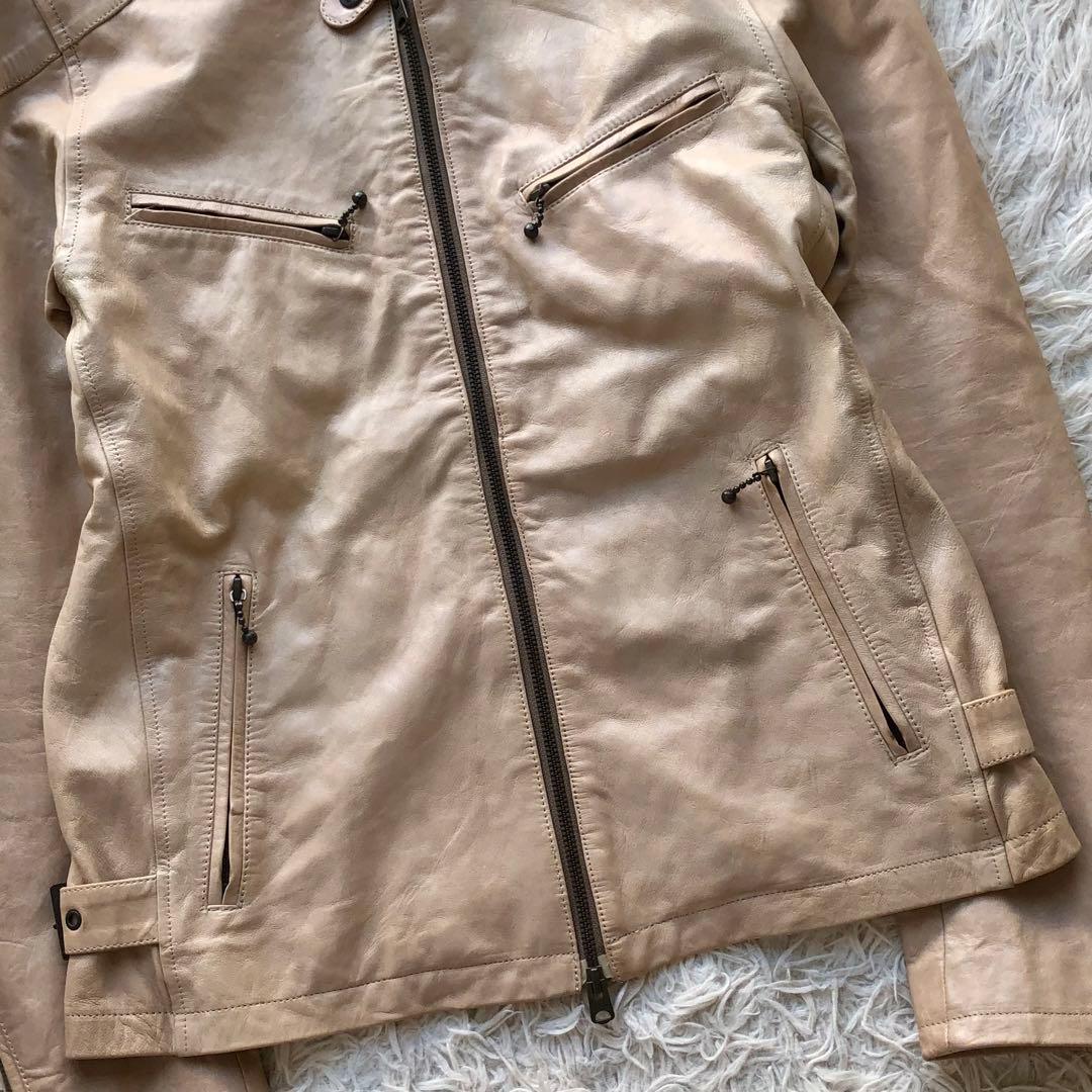 【ラムレザー】ジョンブル　シングルライダースジャケット　ベージュ　Wジップ