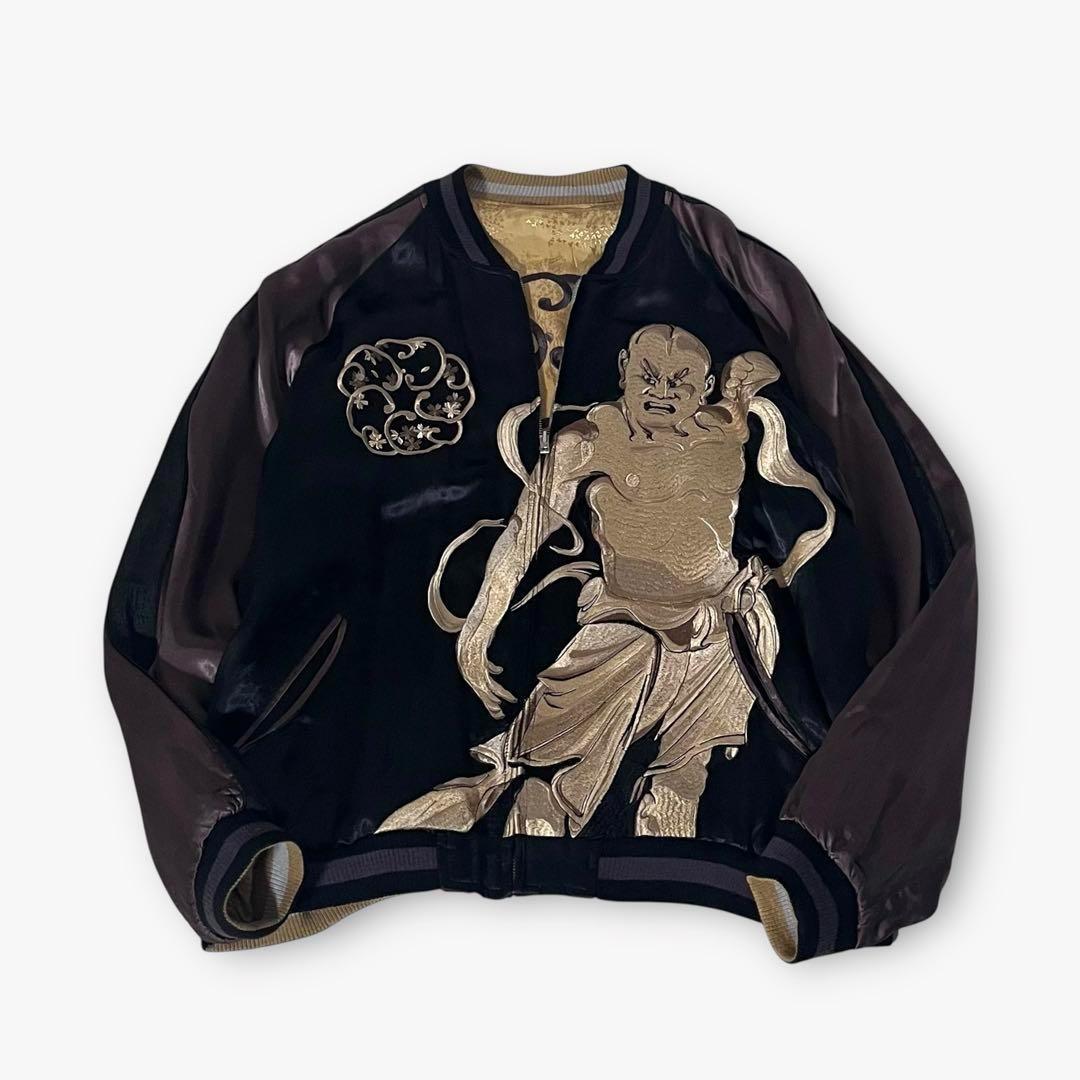 【良品】花旅楽団　スカジャン　リバーシブル　金剛力士　和柄　刺繍プリント　XL