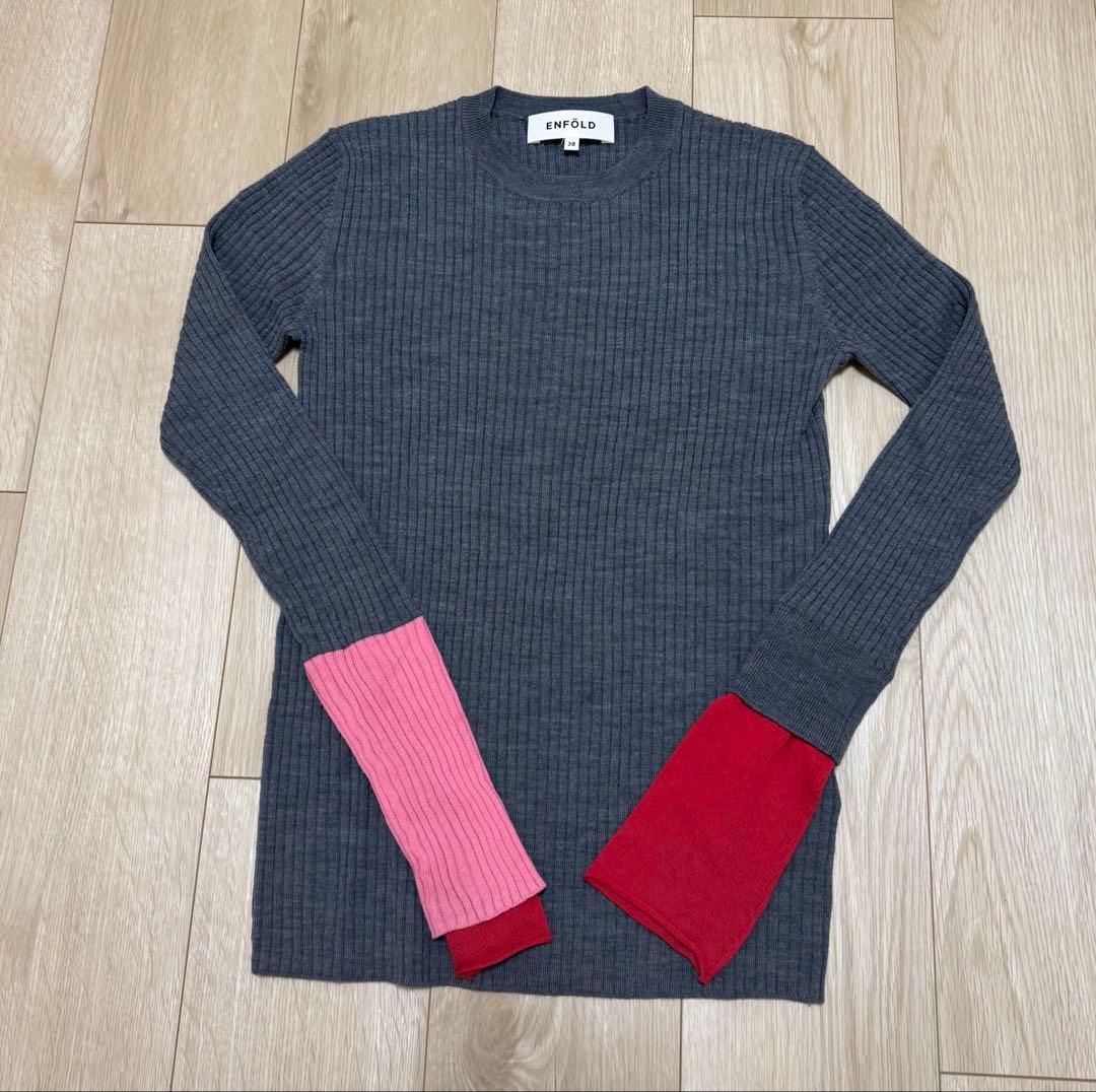 エンフォルド ニット グレー ピンク LAYERD RIB PULLOVER