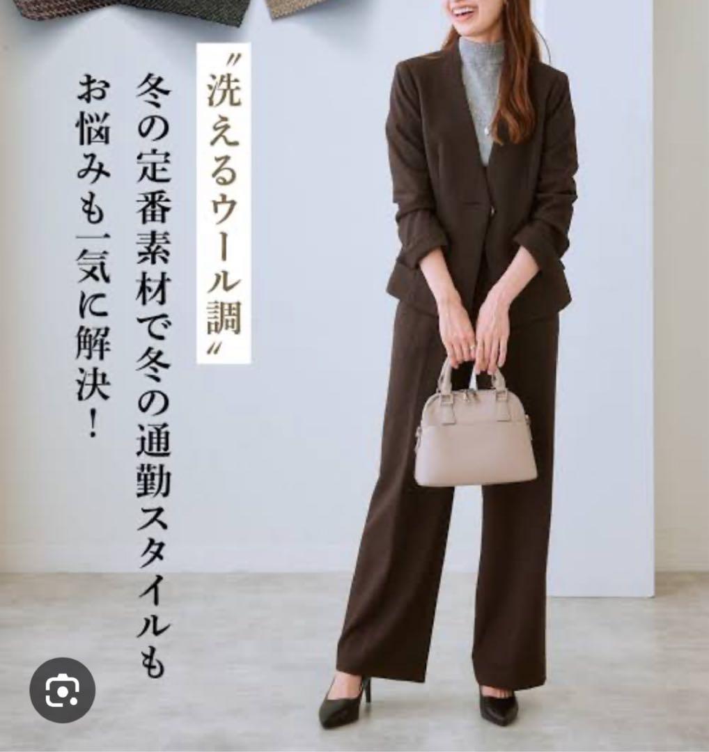 美品2L【LIPLIA 洗えるストレッチセットアップ対応 ウール調ノーカラーJK