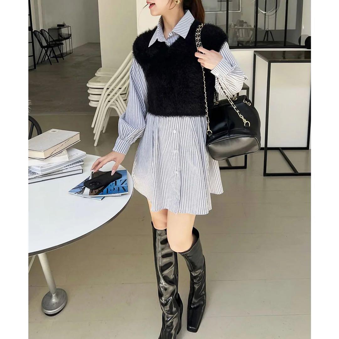 新品 ロイヤルパーティー ニットベスト付くびれるストライプシャツワンピース F