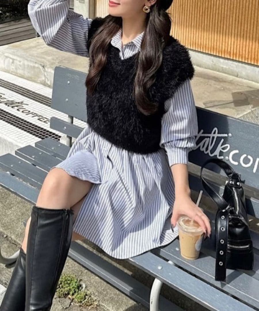 新品 ロイヤルパーティー ニットベスト付くびれるストライプシャツワンピース F