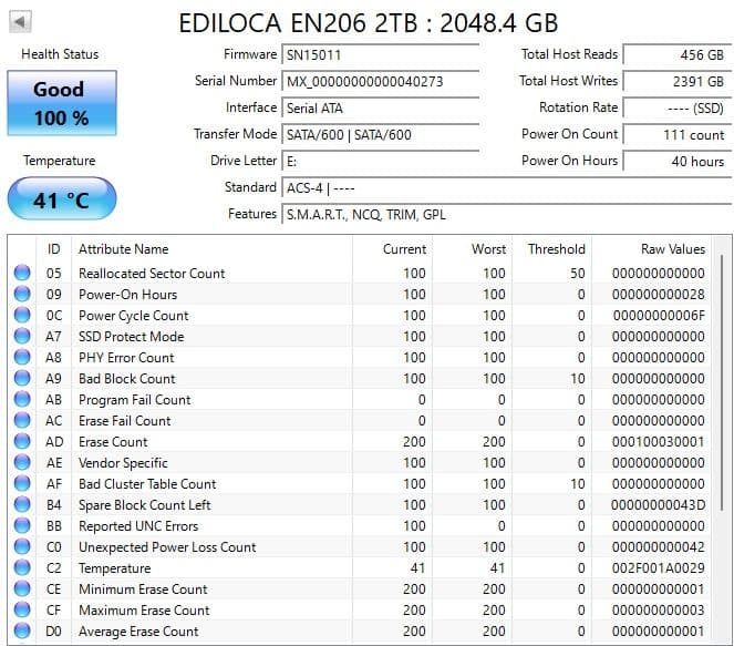 EDILOCA EN206 2TB SSD SATA 使用時間40時間