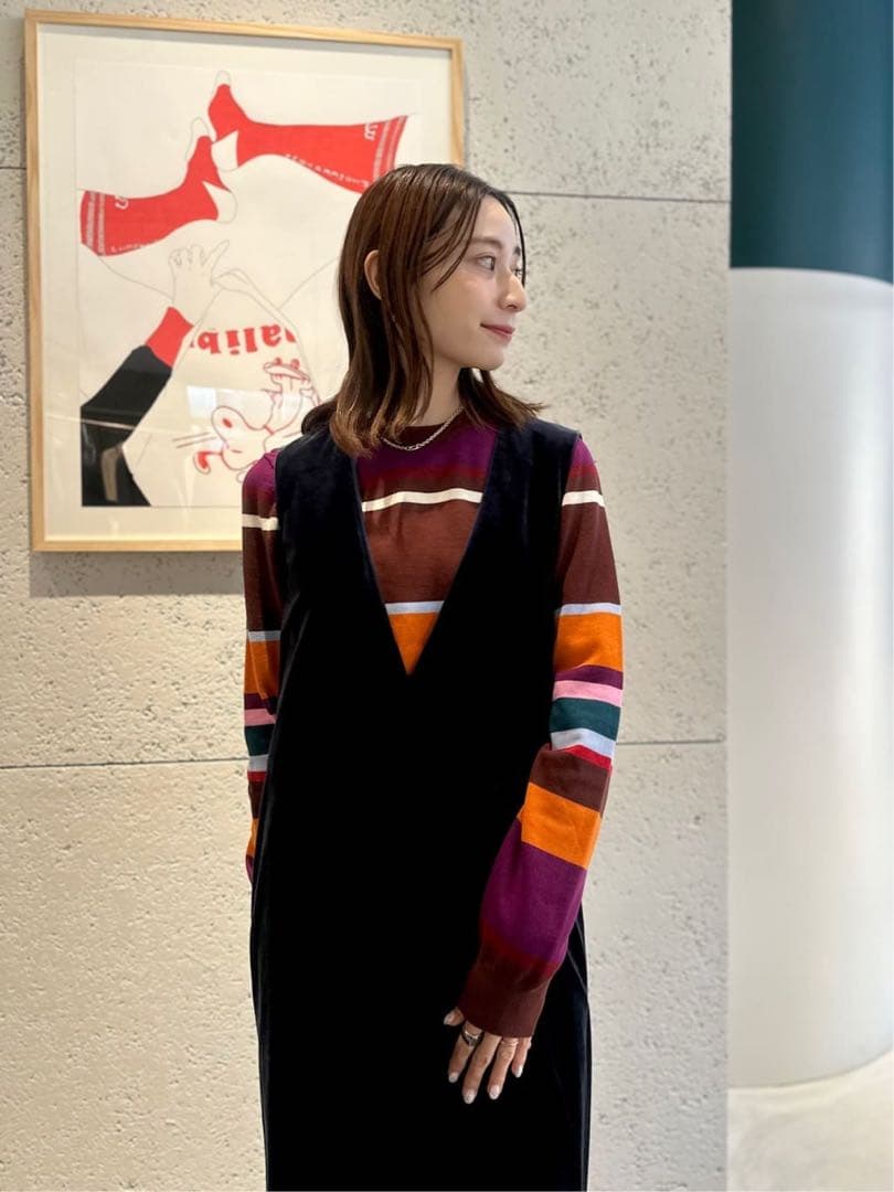 キャバン　コットンカシミヤ マルチボーダークルーネックプルオーバー　ブラウン系