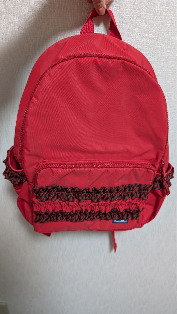familiar 赤 リュック ファミリアチェックフリル付き