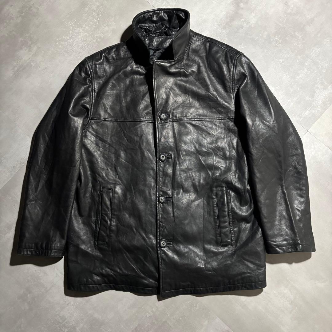 90s - GUESS レザージャケット　革ジャン　レザーカーコート　黒　羊革
