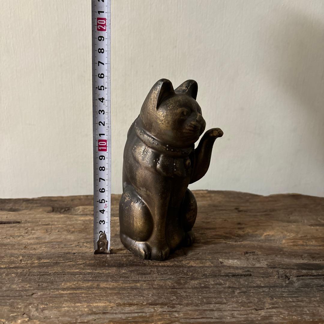 アンティーク　金属製の招き猫　縁起物　古道具　骨董品　福助人形　眠り猫　検:李朝