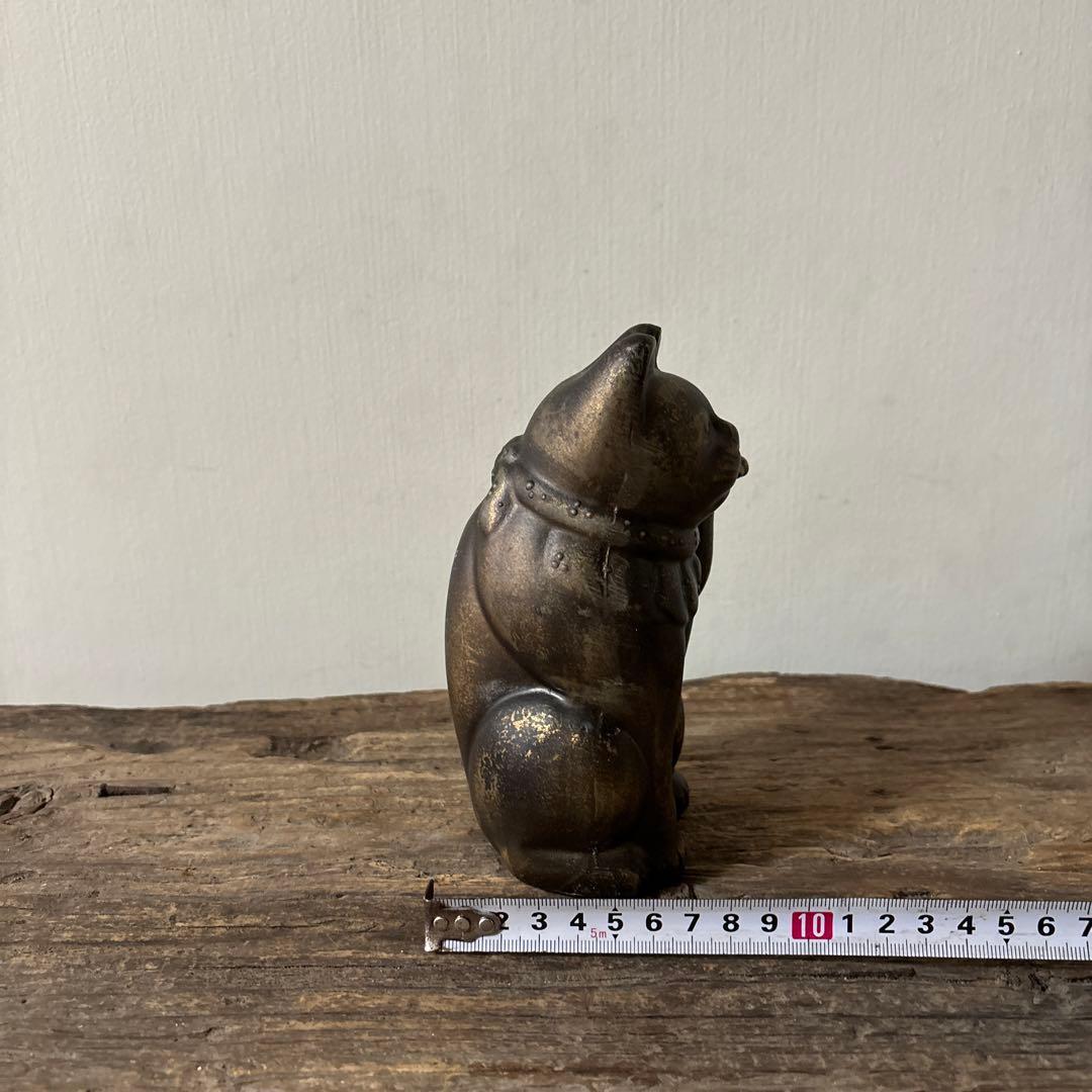 アンティーク　金属製の招き猫　縁起物　古道具　骨董品　福助人形　眠り猫　検:李朝