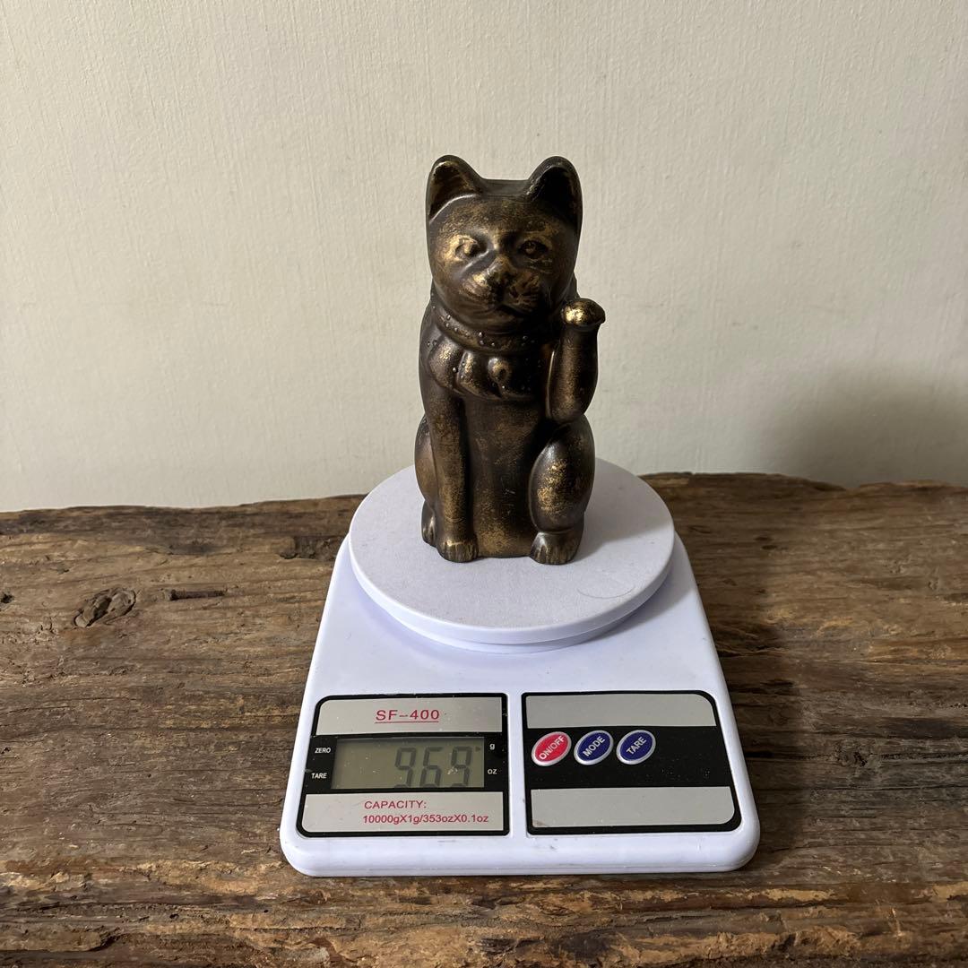 アンティーク　金属製の招き猫　縁起物　古道具　骨董品　福助人形　眠り猫　検:李朝