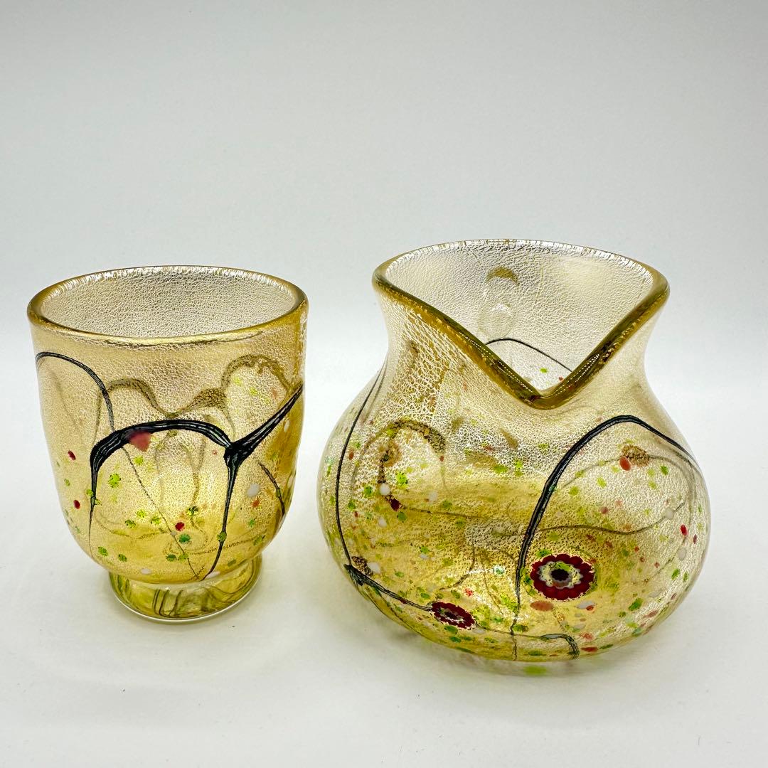 現代の名工/人間国宝 ガラス工芸家 黒木国昭作 コップ　ポット　金彩