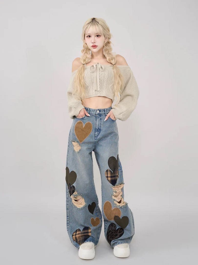 ♡ ダーリッチ Darich ♡ ランダムハートパッチワークデニムパンツ