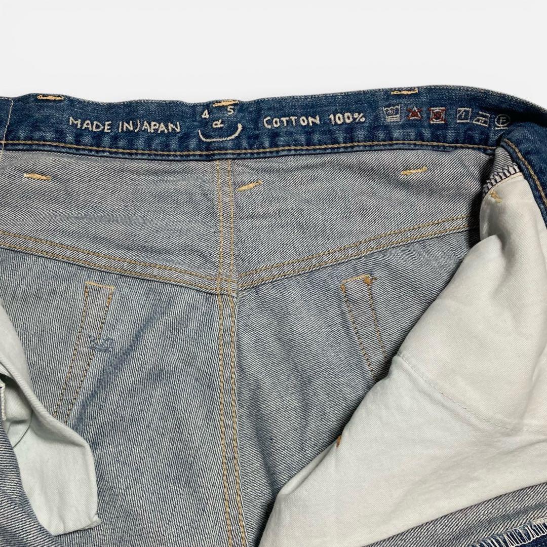 現行★45R ライ麦デニムのクロスオーバーパンツ 淡 革パッチ カットオフ 28
