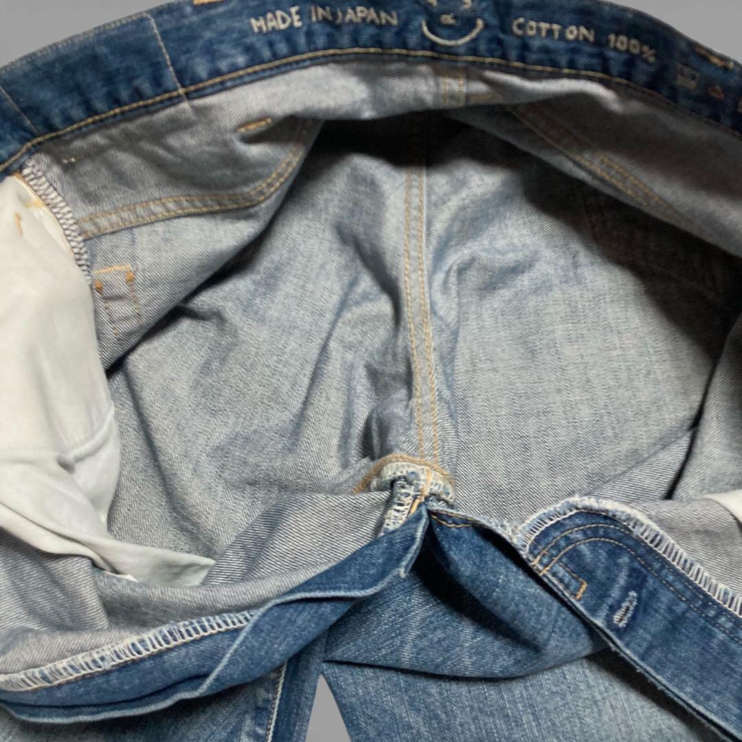 現行★45R ライ麦デニムのクロスオーバーパンツ 淡 革パッチ カットオフ 28